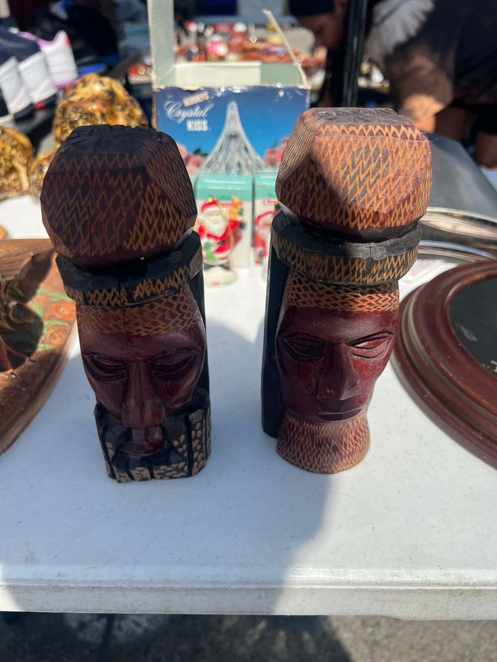 Vintage Jamaican Hand Carved Wood Head Face Art Sculpture Bust Statue Pair